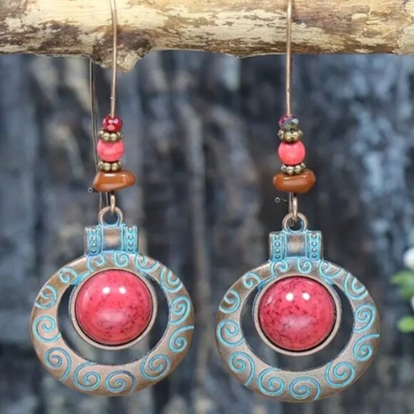 d'Vine Products Jewelry - Women's Round Synthetic Red Agate Inlaid Electro-Plated Alloy Dangle Earrings
